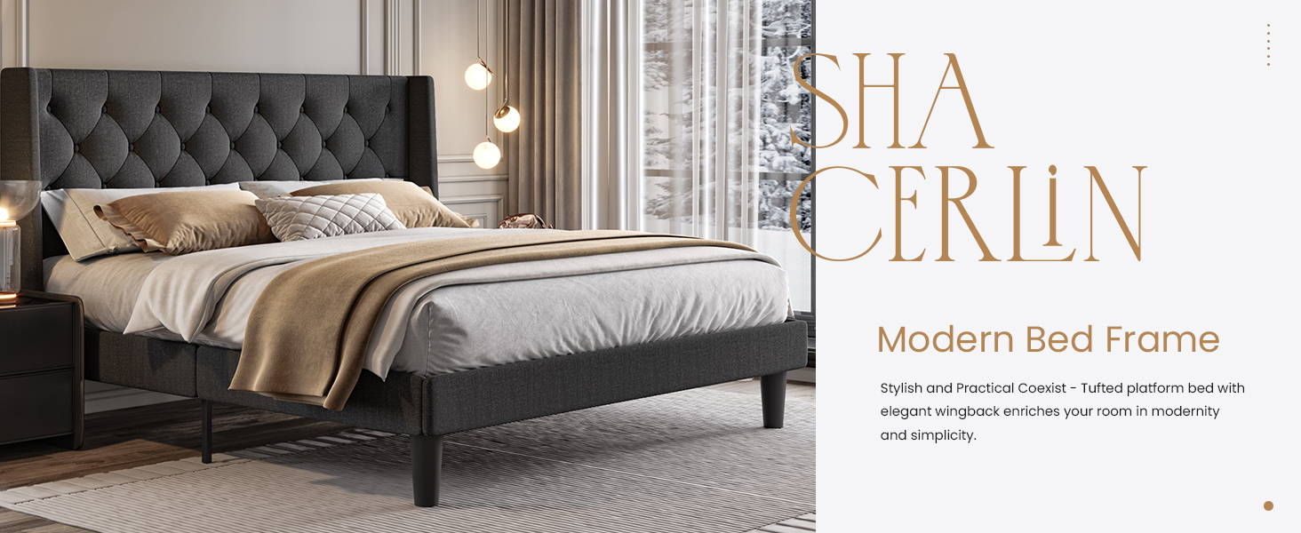 Platform Bed Frame with Upholstered Headboard and Wingback